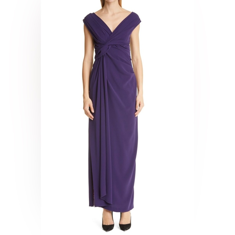 Talbot Runhof Purple Twist Detail Stretch Crepe Gown Sleeveless Women's …